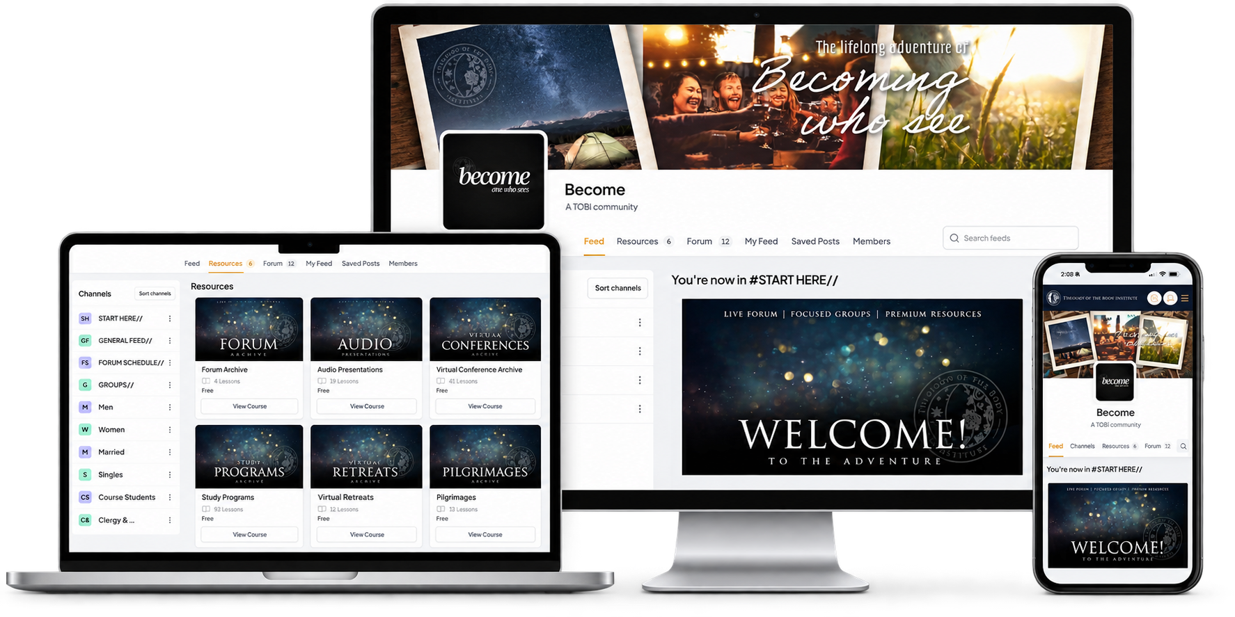Become on desktop, laptop, and phone. The laptop features Christopher West’s I Thirst Live Monthly Forum.