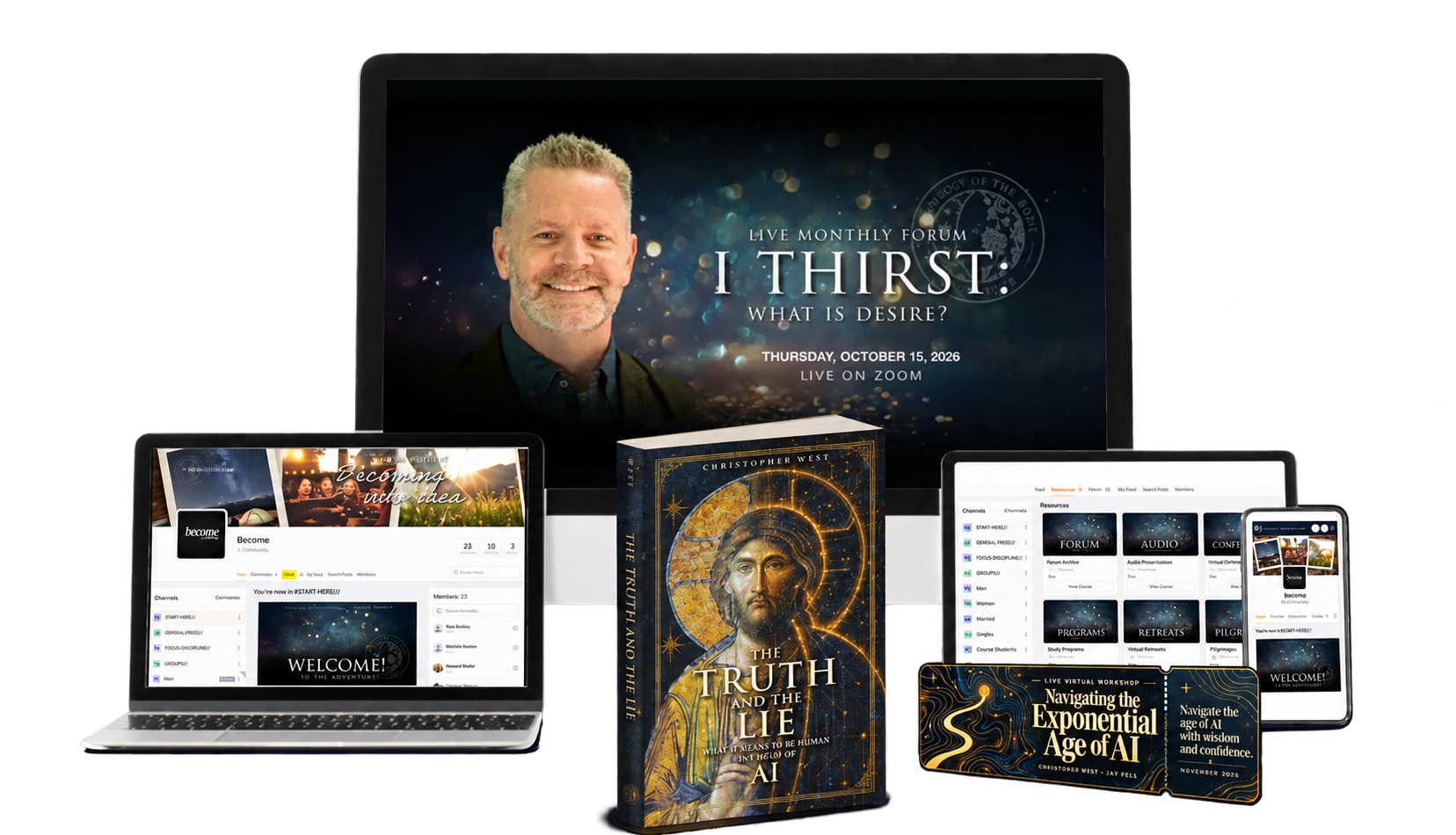 Become launch collection: The Truth and the Lie paperback, Become community access, and the AI workshop with companion workbook